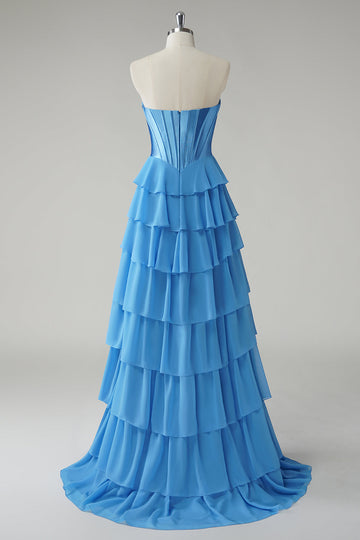 Blue A Line Sweetheart Ruffled Corset Long Prom Dress with Slit